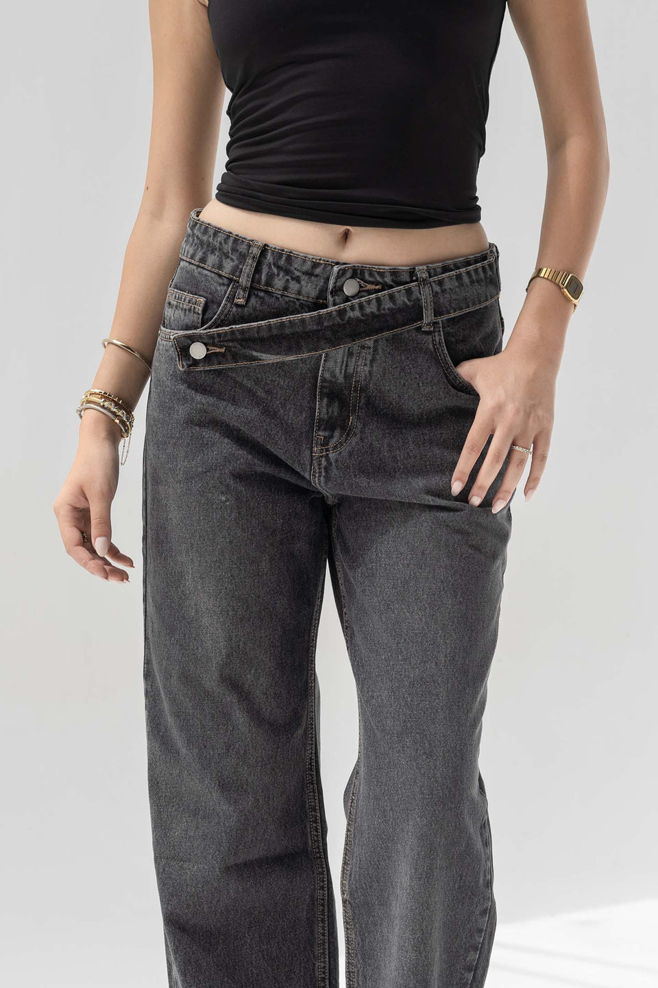 Dark Grey Criss-Cross Waistband Relaxed Jeans