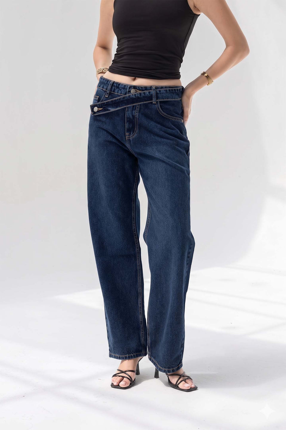 Navy Criss-Cross Waistband Relaxed Jeans