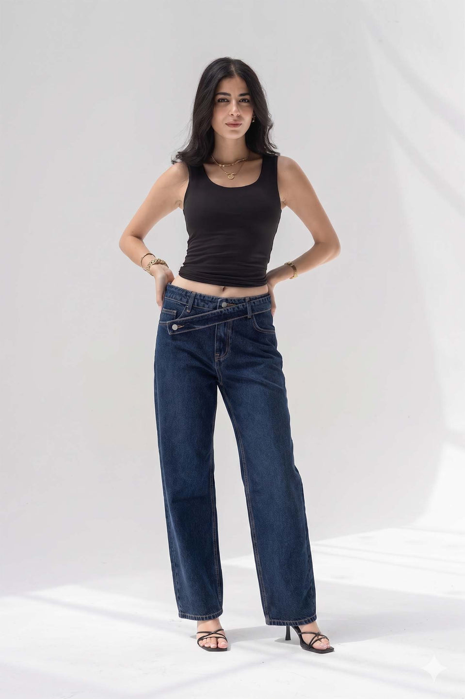 Navy Criss-Cross Waistband Relaxed Jeans
