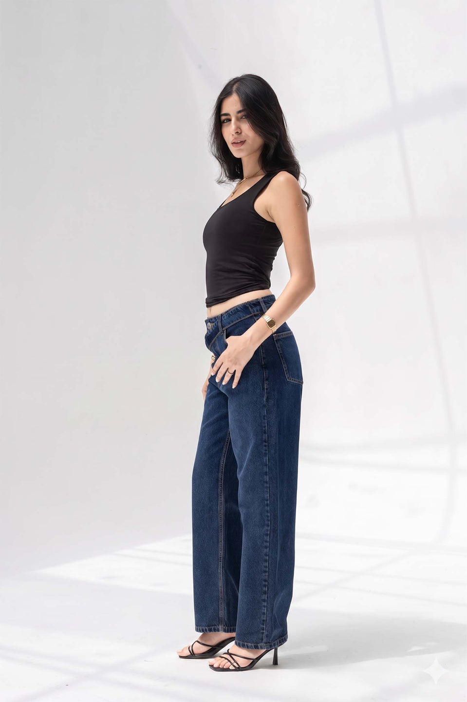 Navy Criss-Cross Waistband Relaxed Jeans