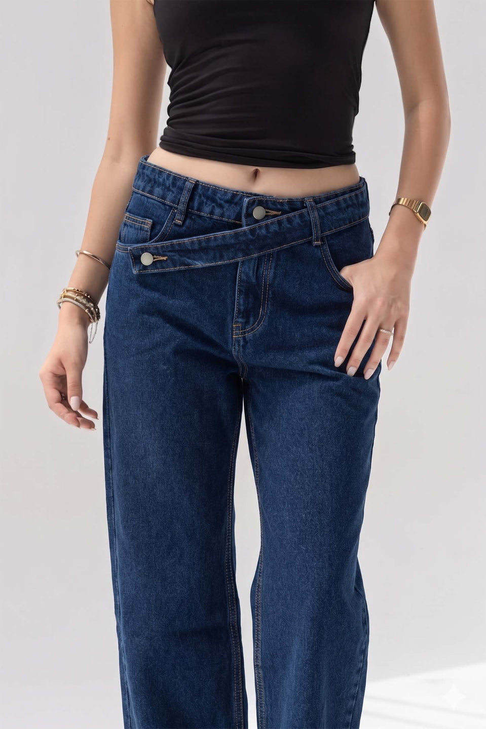 Navy Criss-Cross Waistband Relaxed Jeans