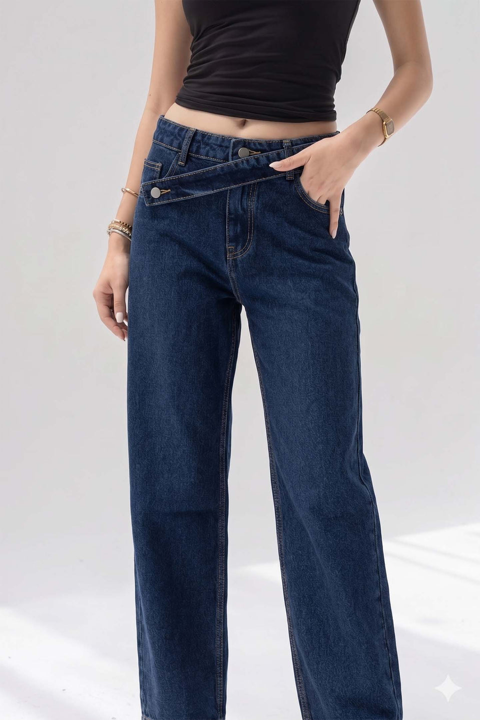 Navy Criss-Cross Waistband Relaxed Jeans