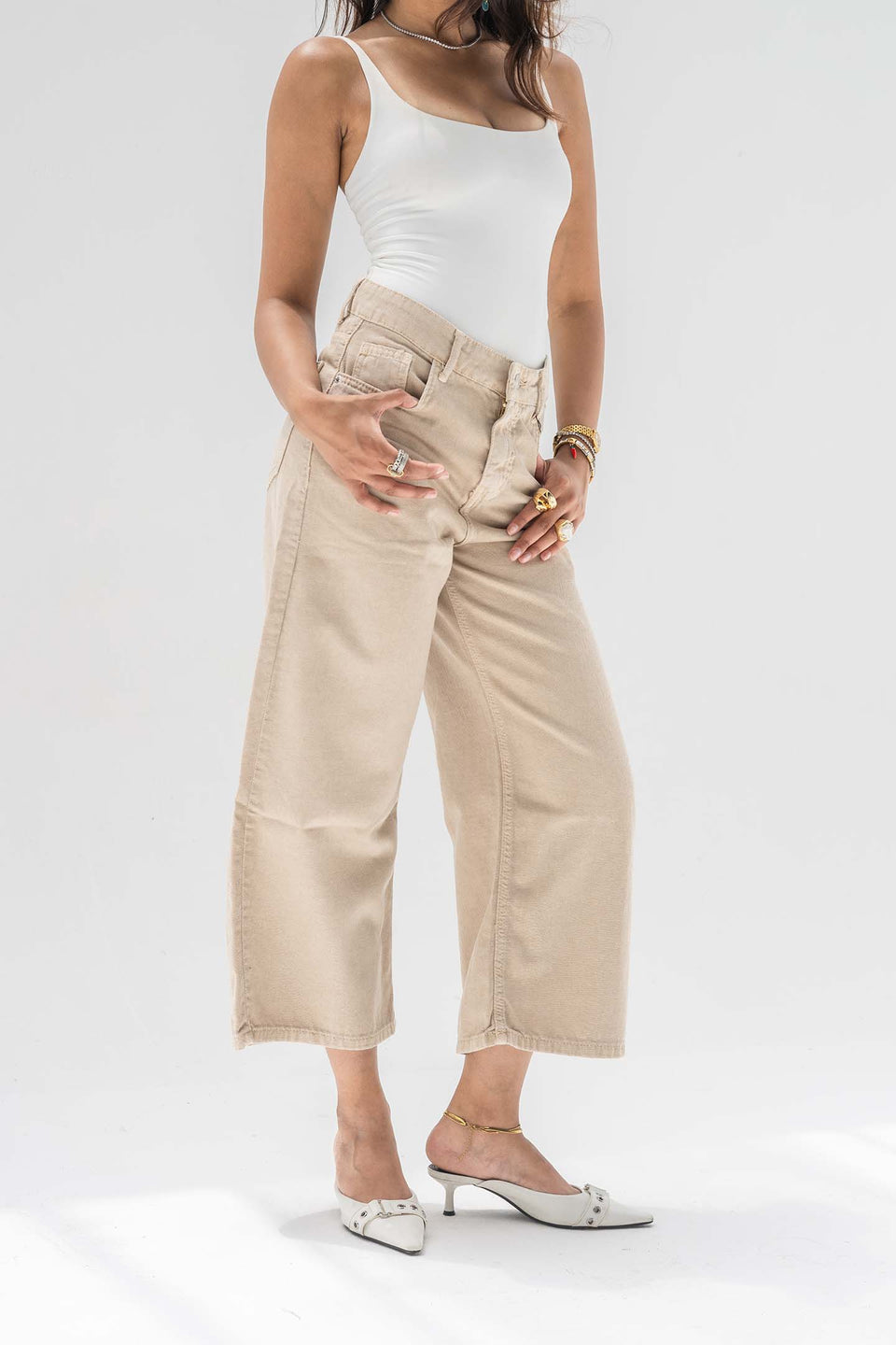 Beige High-Rise Wide-Leg Culotte Jeans