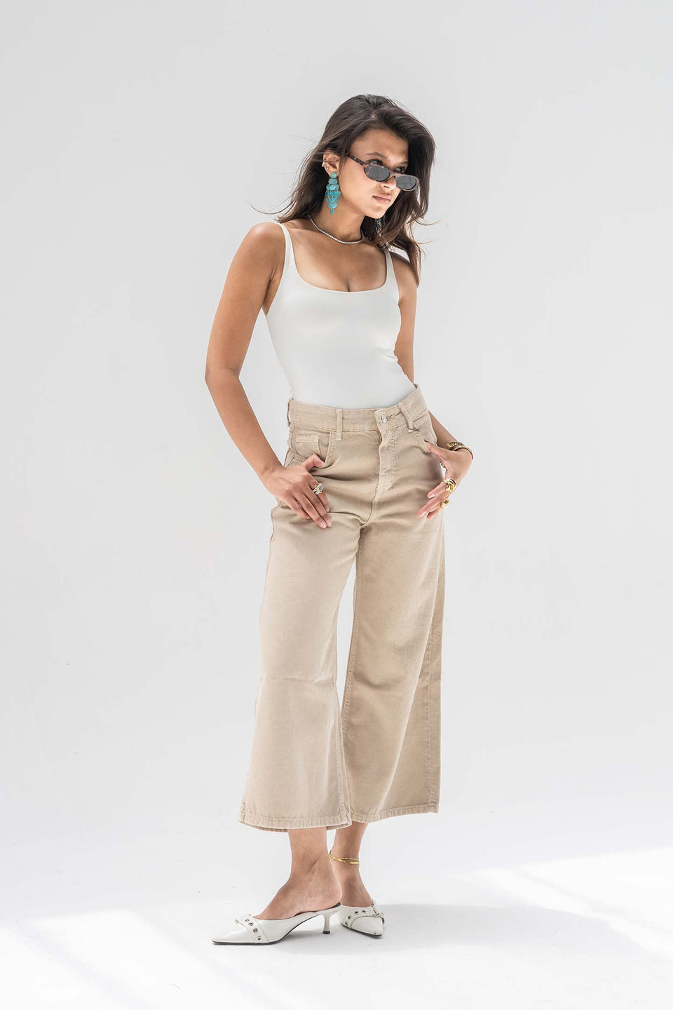 Beige High-Rise Wide-Leg Culotte Jeans