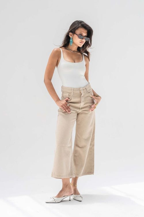 Beige High-Rise Wide-Leg Culotte Jeans
