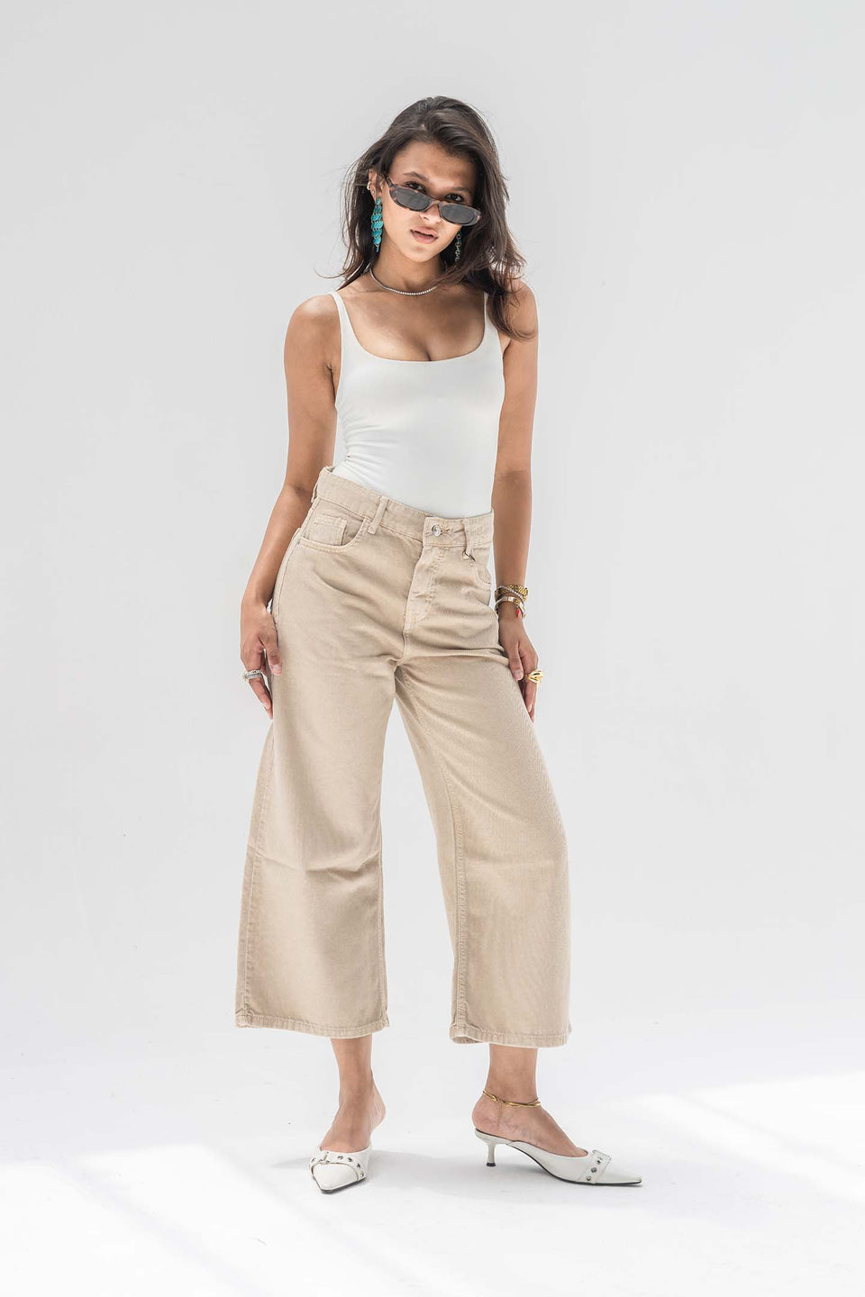 Beige High-Rise Wide-Leg Culotte Jeans