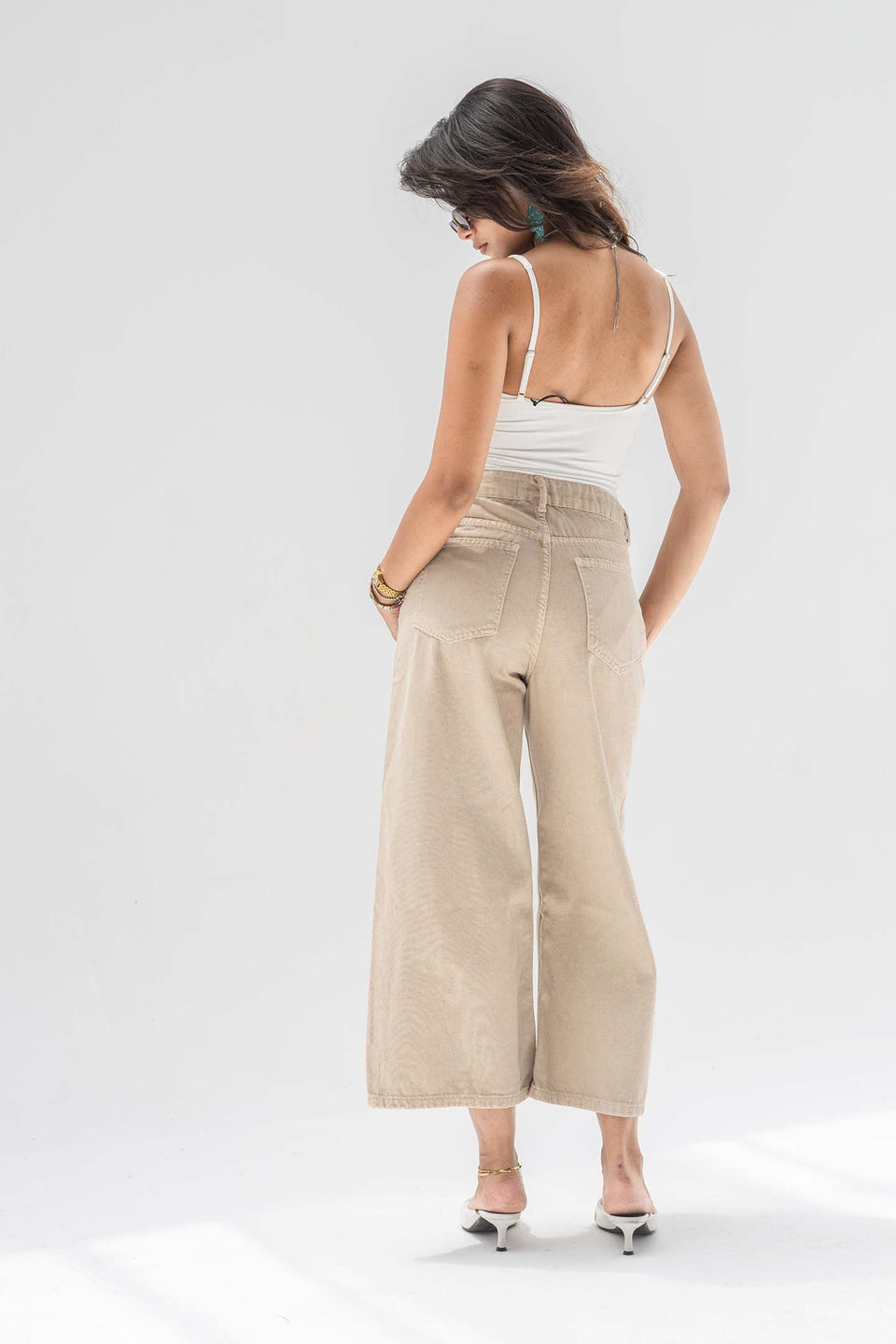 Beige High-Rise Wide-Leg Culotte Jeans