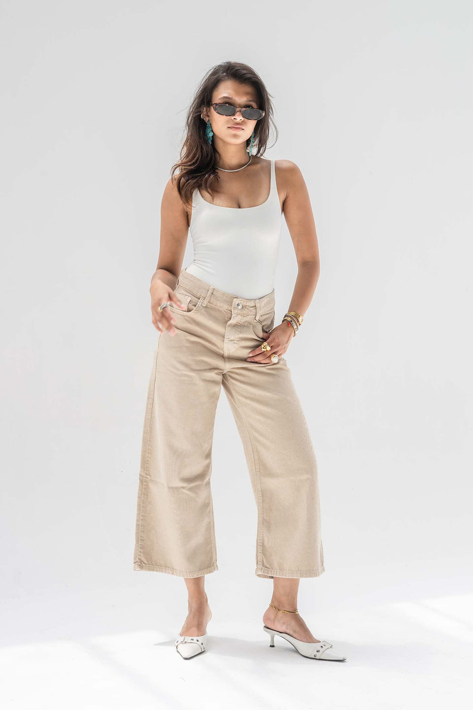 Beige High-Rise Wide-Leg Culotte Jeans