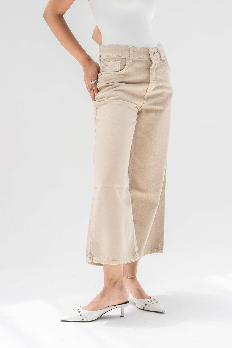 Beige High-Rise Wide-Leg Culotte Jeans