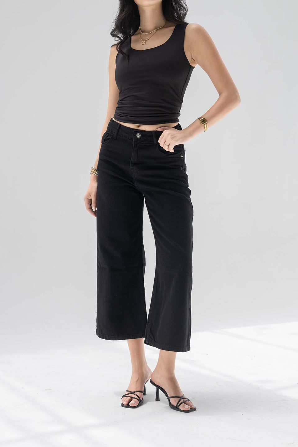 Black High-Rise Wide-Leg Culotte Jeans