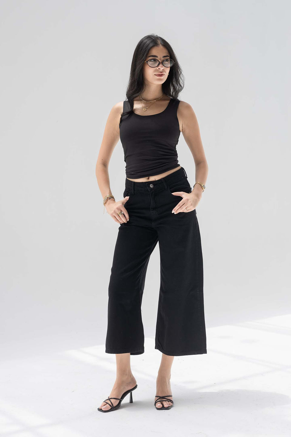 Black High-Rise Wide-Leg Culotte Jeans