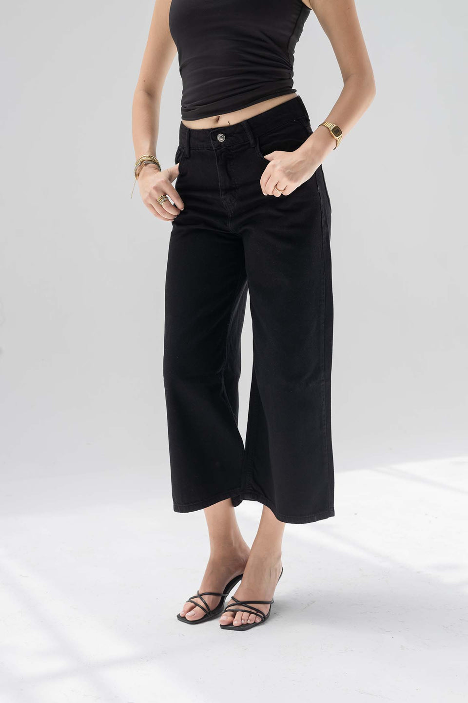 Black High-Rise Wide-Leg Culotte Jeans