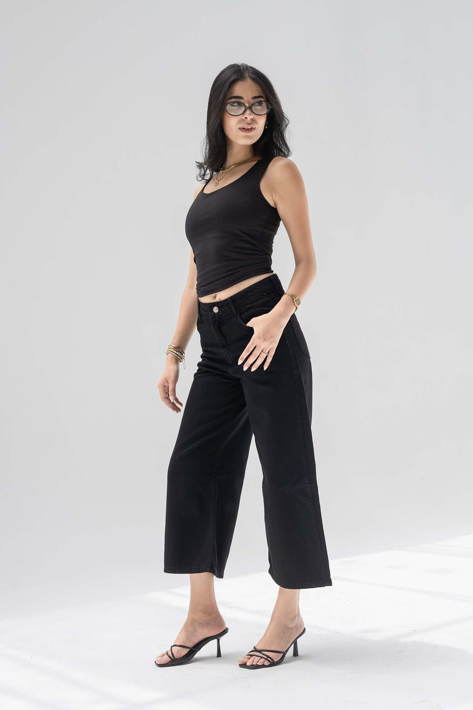 Black High-Rise Wide-Leg Culotte Jeans