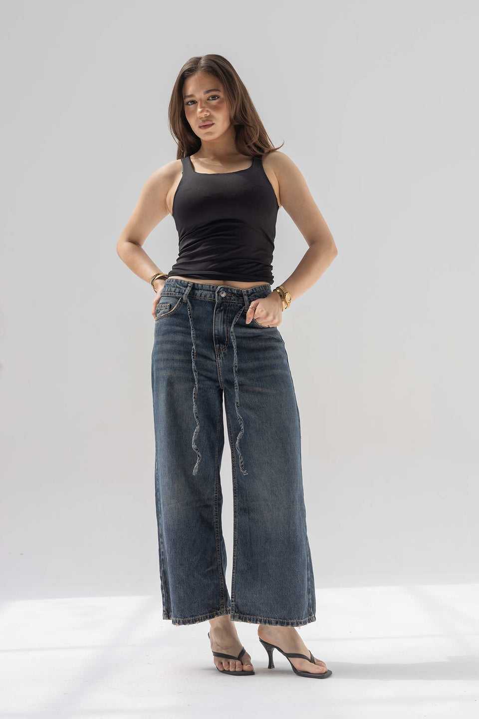 Deep Blue High-Rise Wide-Leg Culotte Jeans
