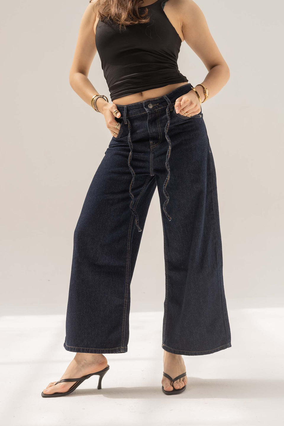 Navy High-Rise Wide-Leg Culotte Jeans