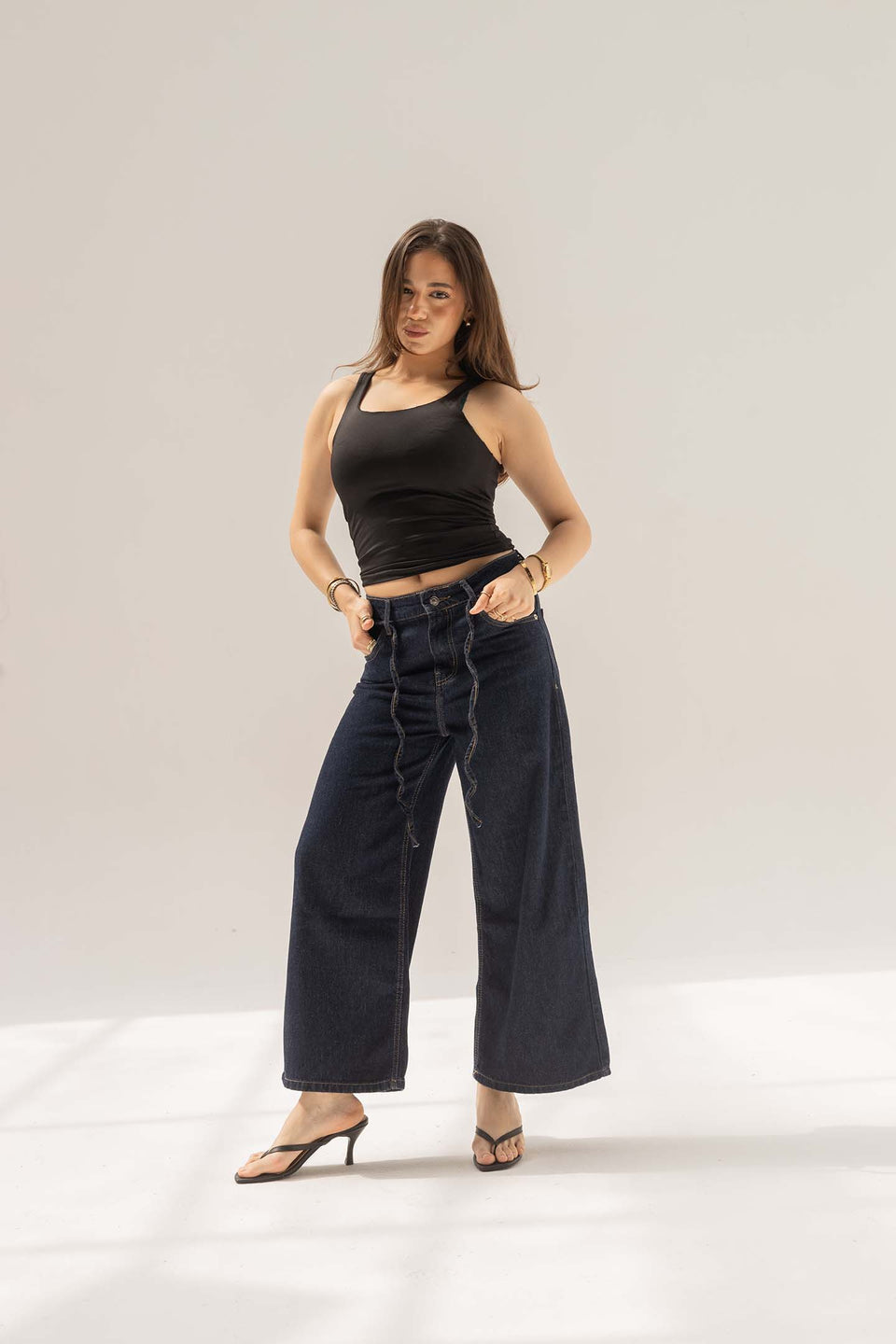 Navy High-Rise Wide-Leg Culotte Jeans