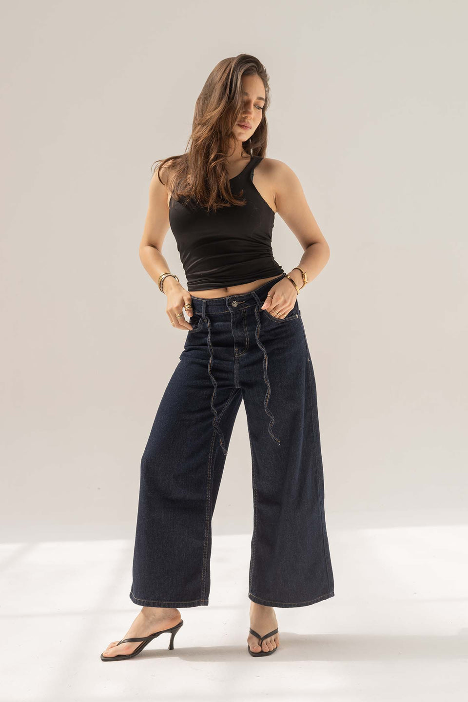 Navy High-Rise Wide-Leg Culotte Jeans