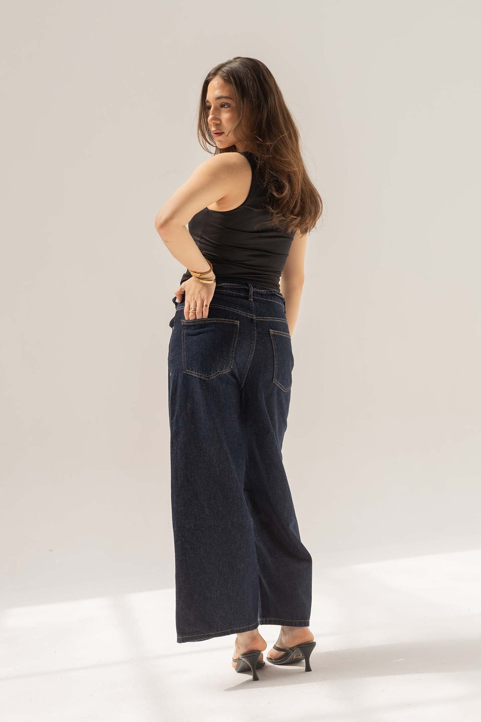 Navy High-Rise Wide-Leg Culotte Jeans