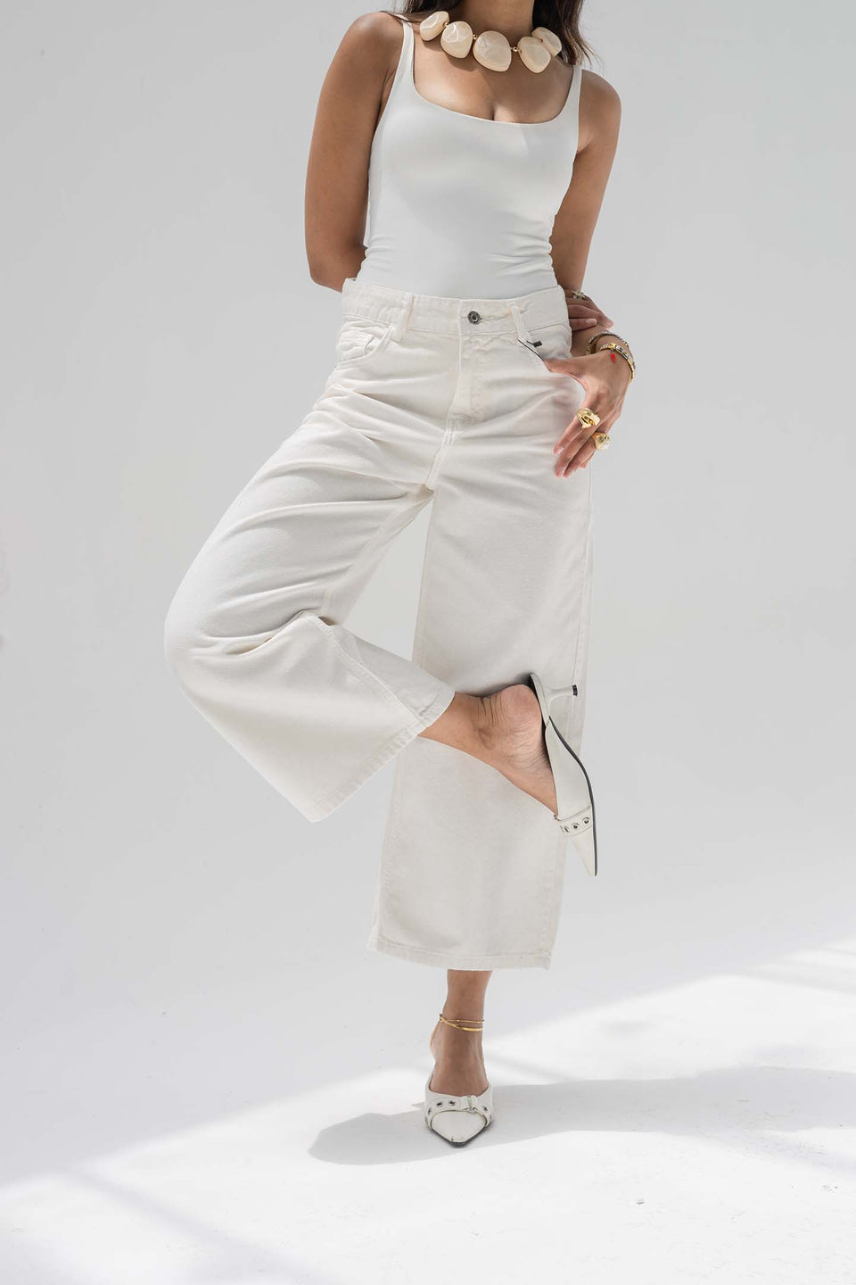Off White High-Rise Wide-Leg Culotte Jeans