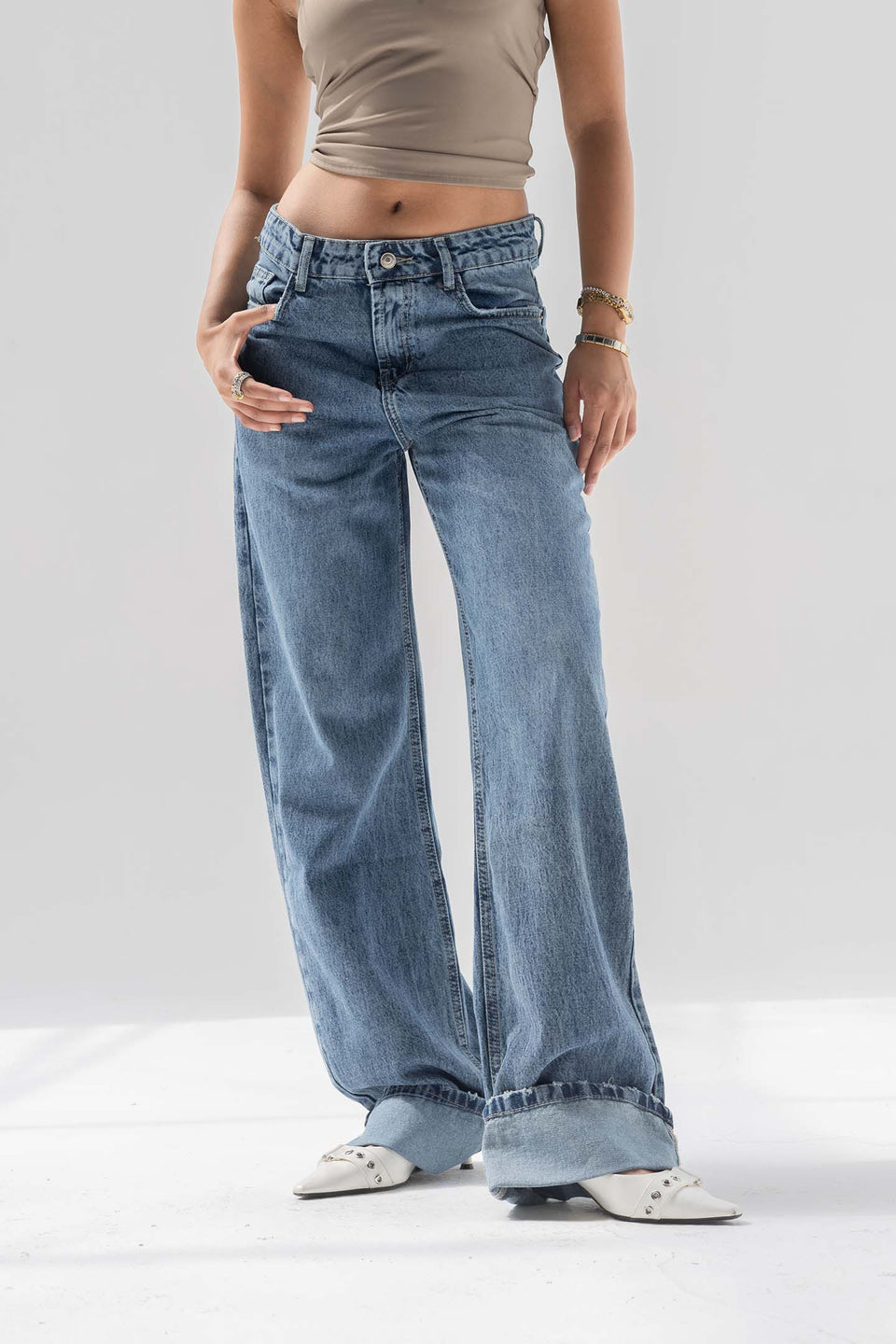 Blue Wide-Leg Denim with Folded Cuff Detail
