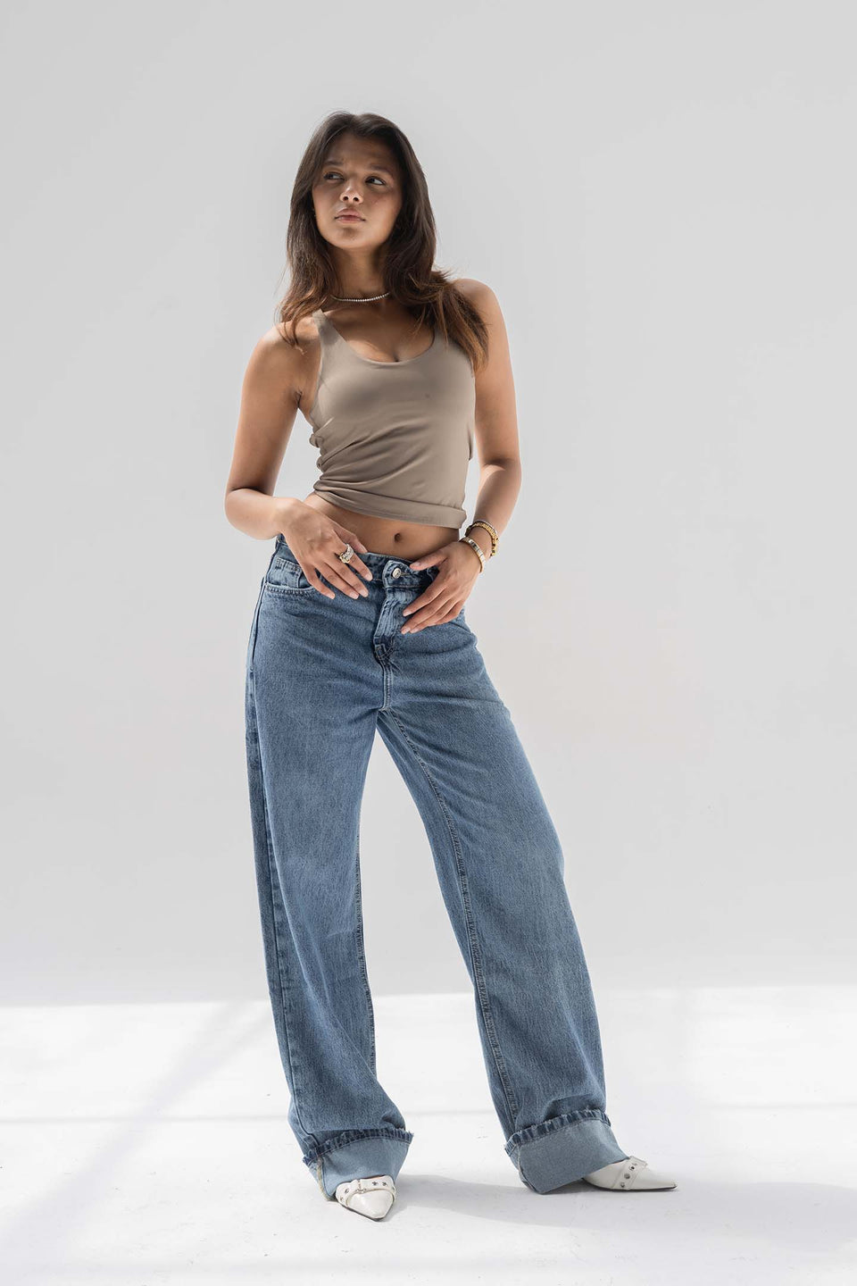 Blue Wide-Leg Denim with Folded Cuff Detail