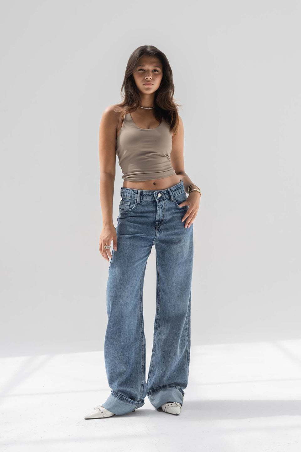 Blue Wide-Leg Denim with Folded Cuff Detail
