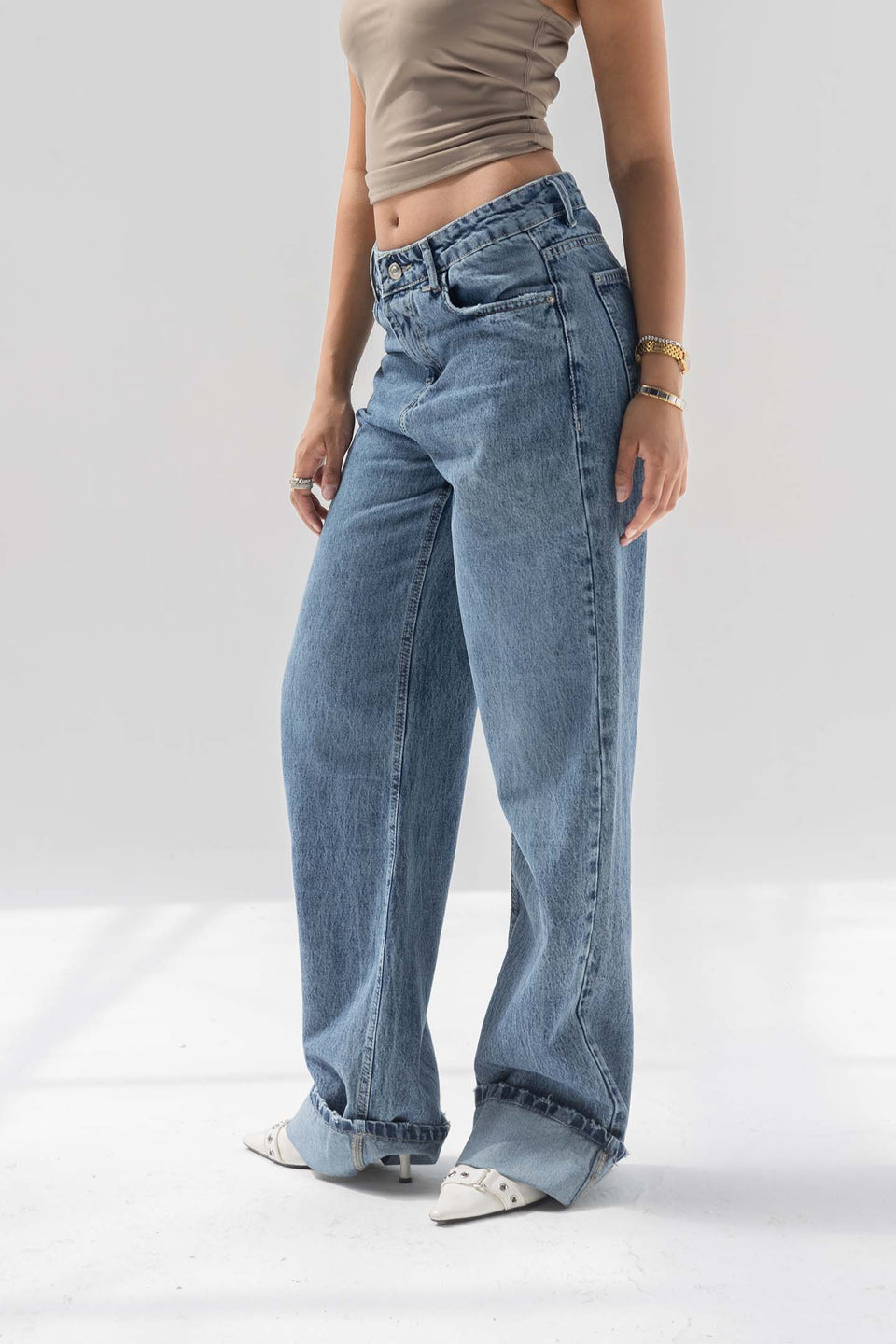 Blue Wide-Leg Denim with Folded Cuff Detail