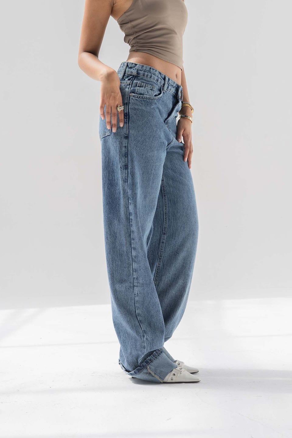 Blue Wide-Leg Denim with Folded Cuff Detail