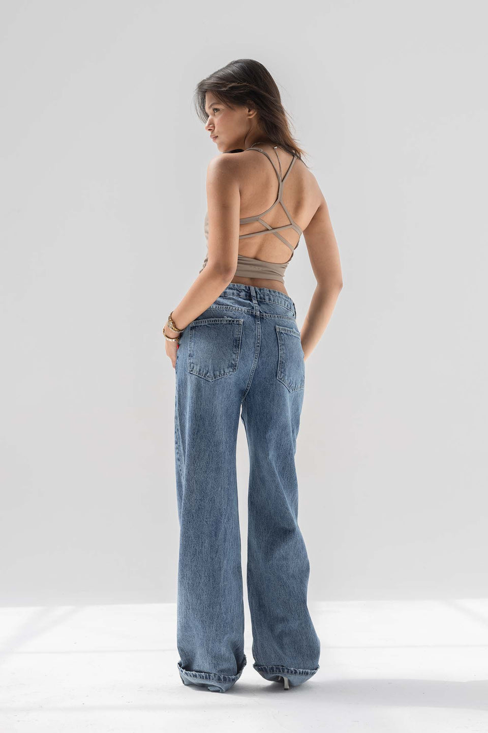 Blue Wide-Leg Denim with Folded Cuff Detail