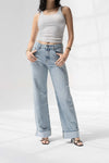 Light Blue Wide-Leg Denim with Folded Cuff Detail