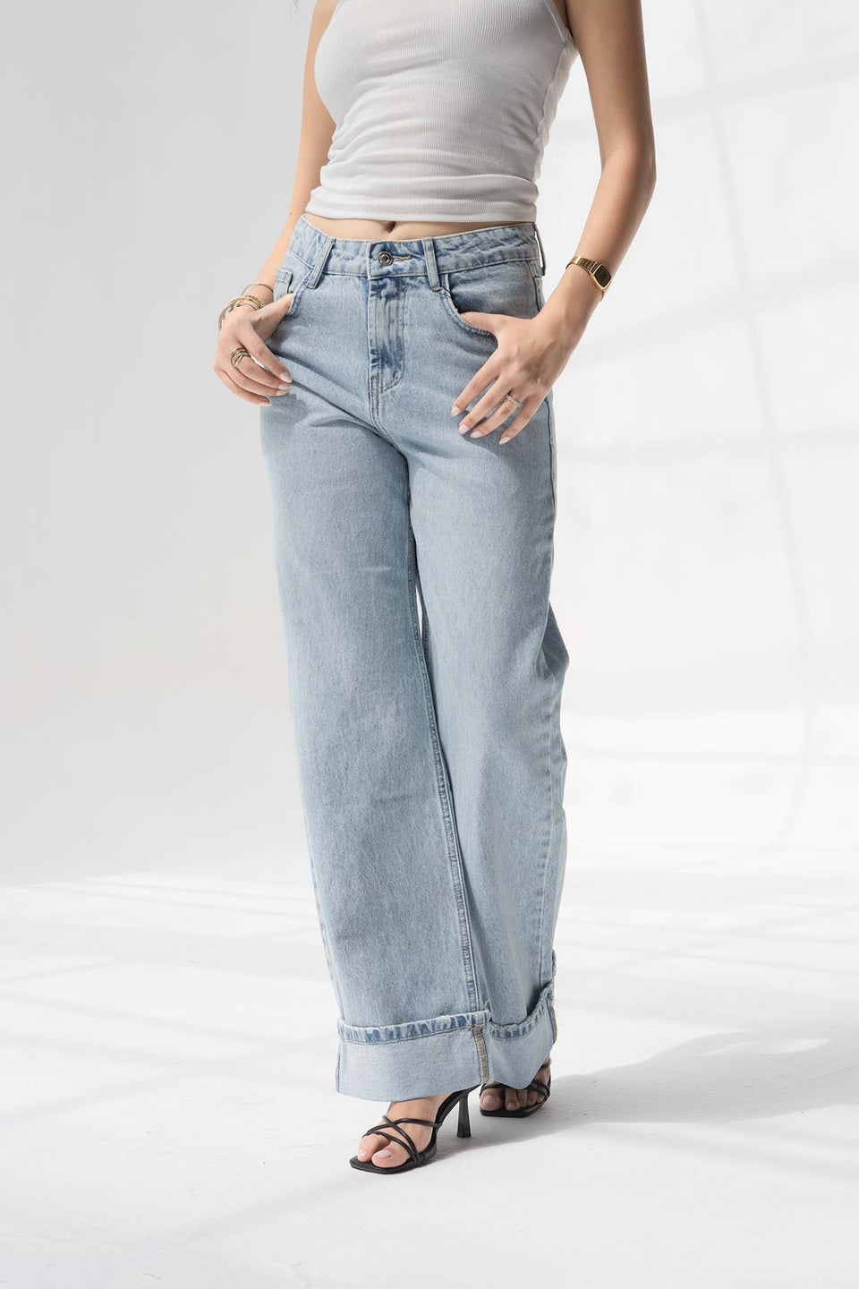Light Blue Wide-Leg Denim with Folded Cuff Detail