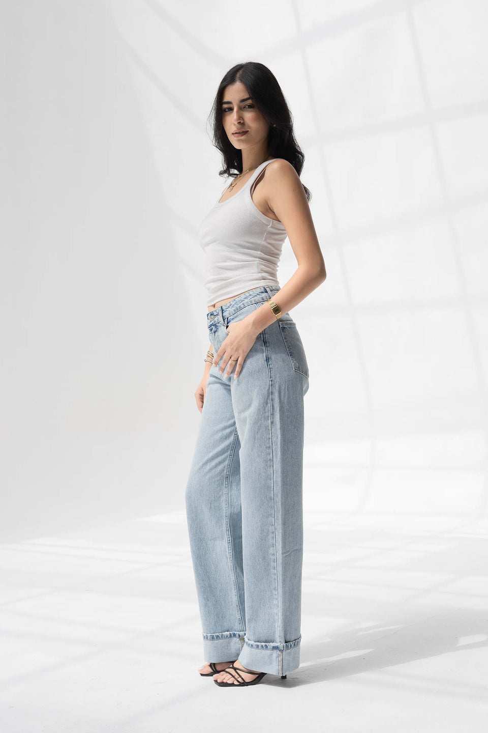 Light Blue Wide-Leg Denim with Folded Cuff Detail