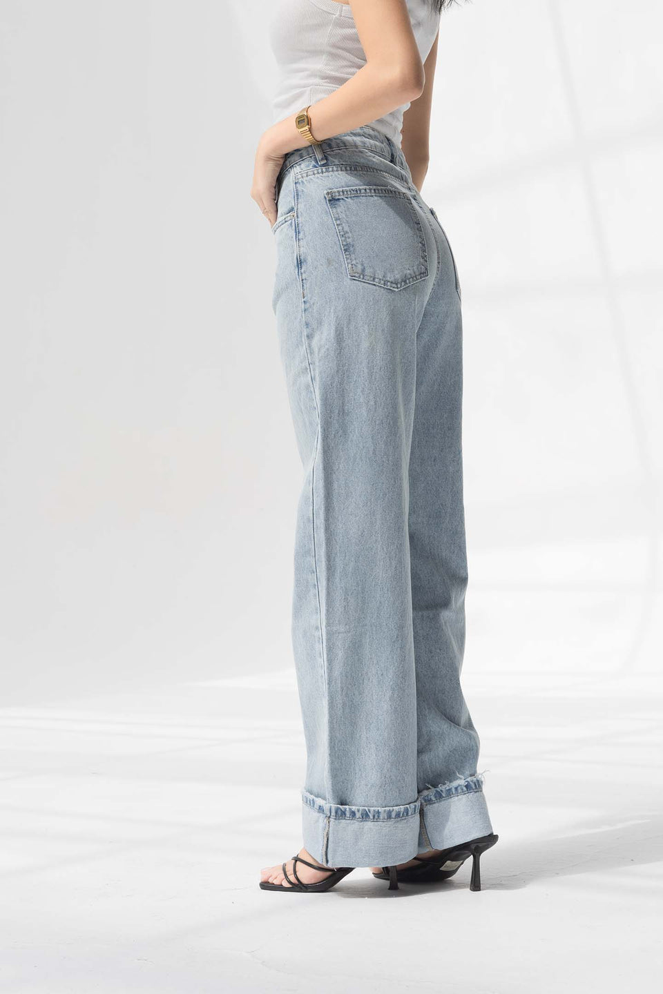 Light Blue Wide-Leg Denim with Folded Cuff Detail