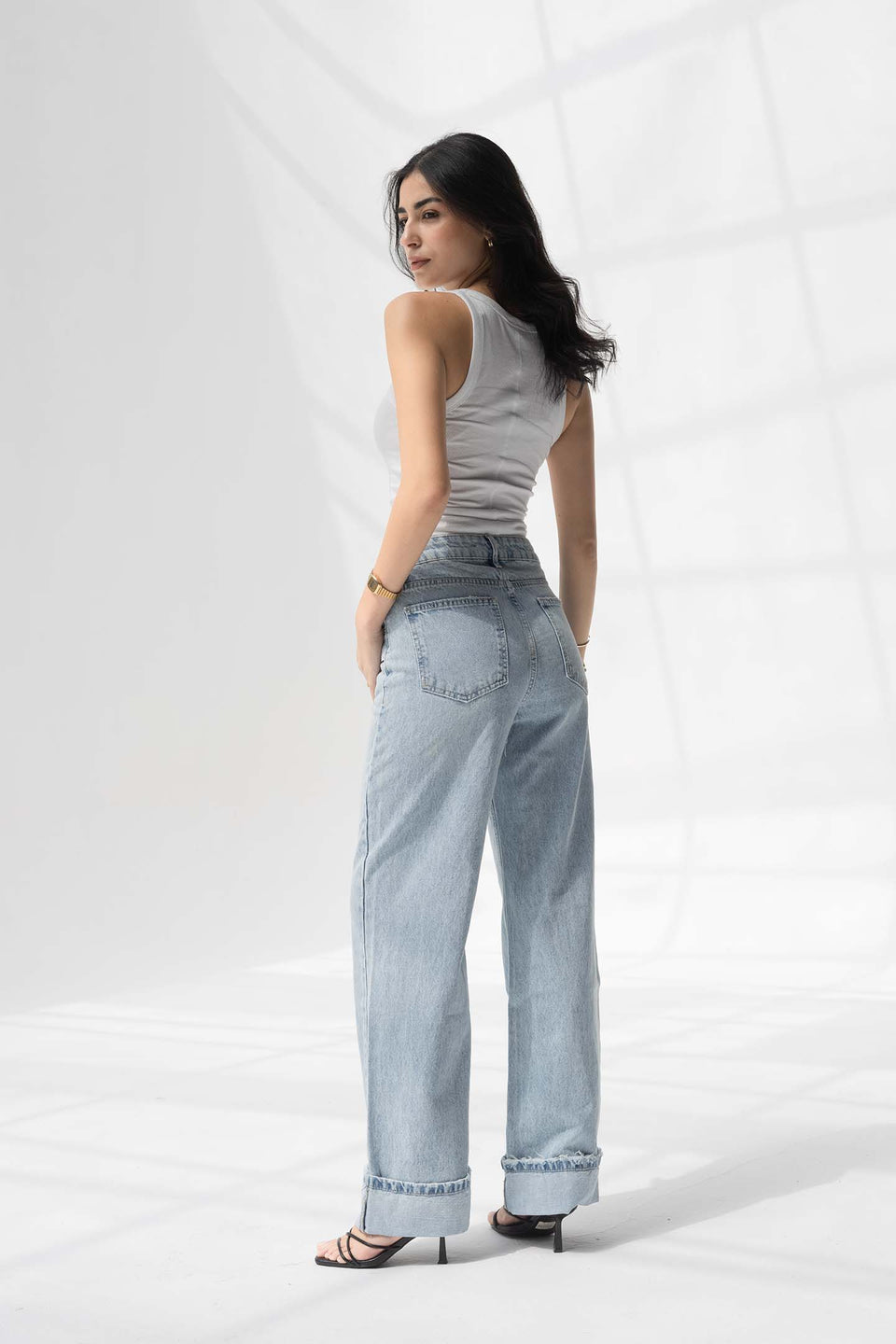 Light Blue Wide-Leg Denim with Folded Cuff Detail