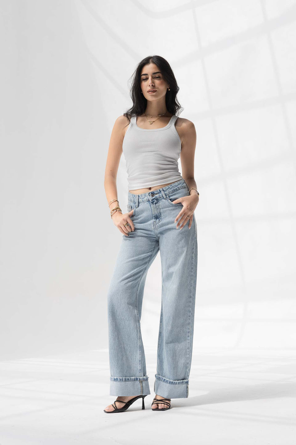Light Blue Wide-Leg Denim with Folded Cuff Detail