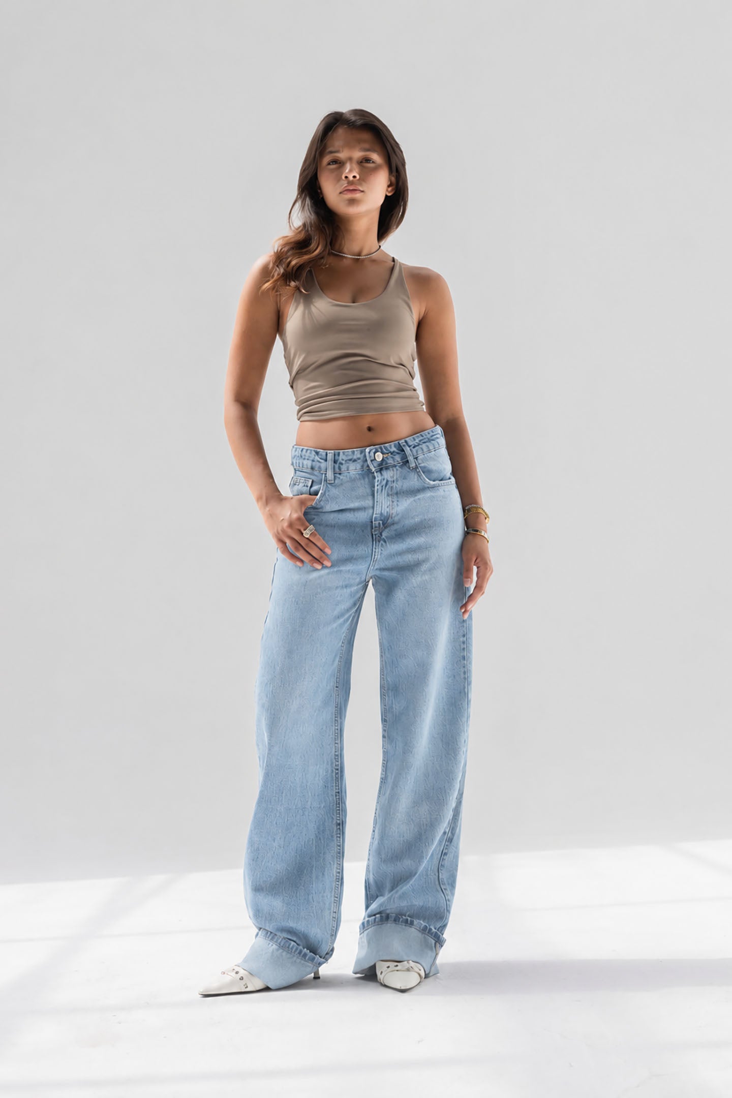 Light Blue Wide-Leg Denim with Folded Cuff Detail
