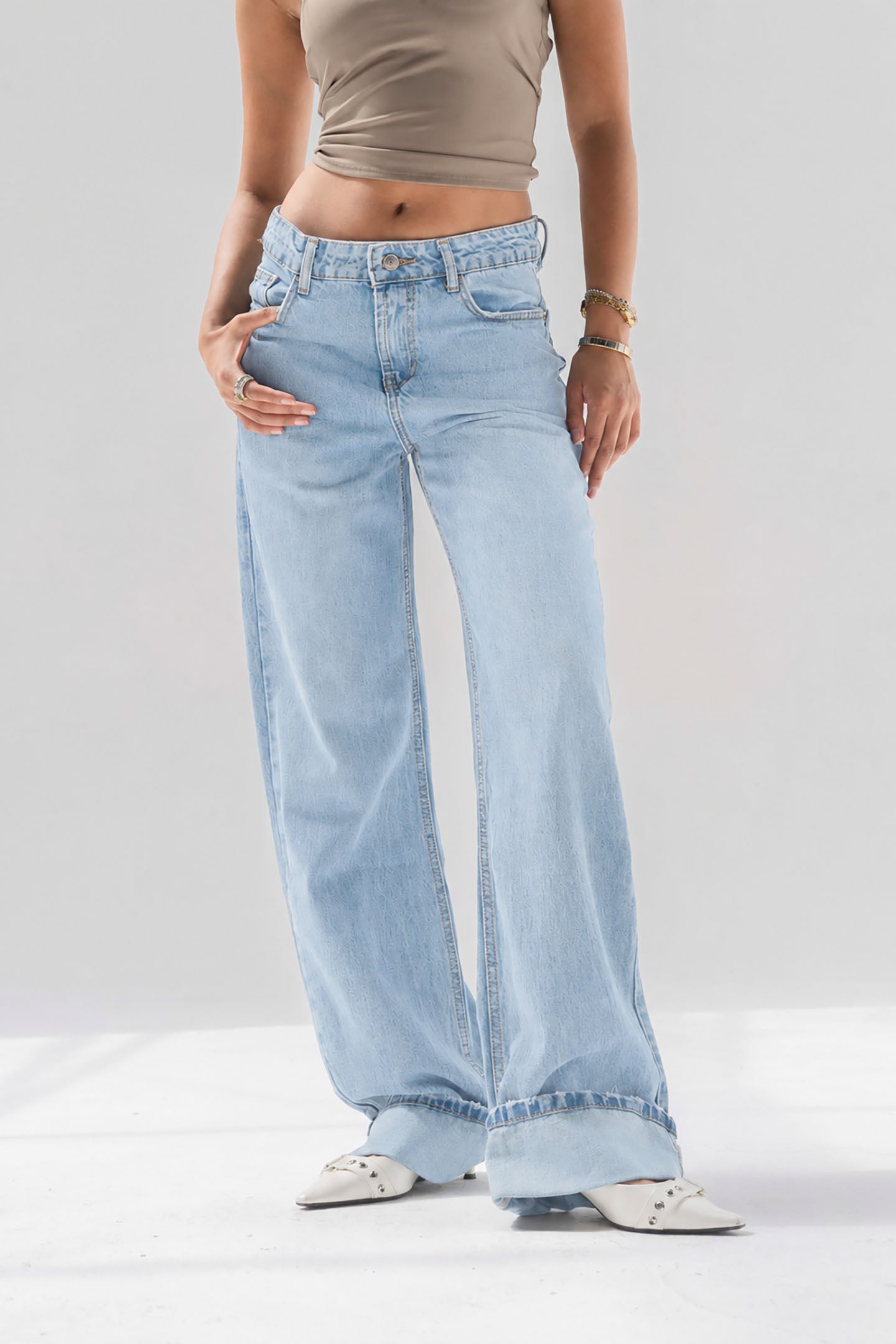 Light Blue Wide-Leg Denim with Folded Cuff Detail