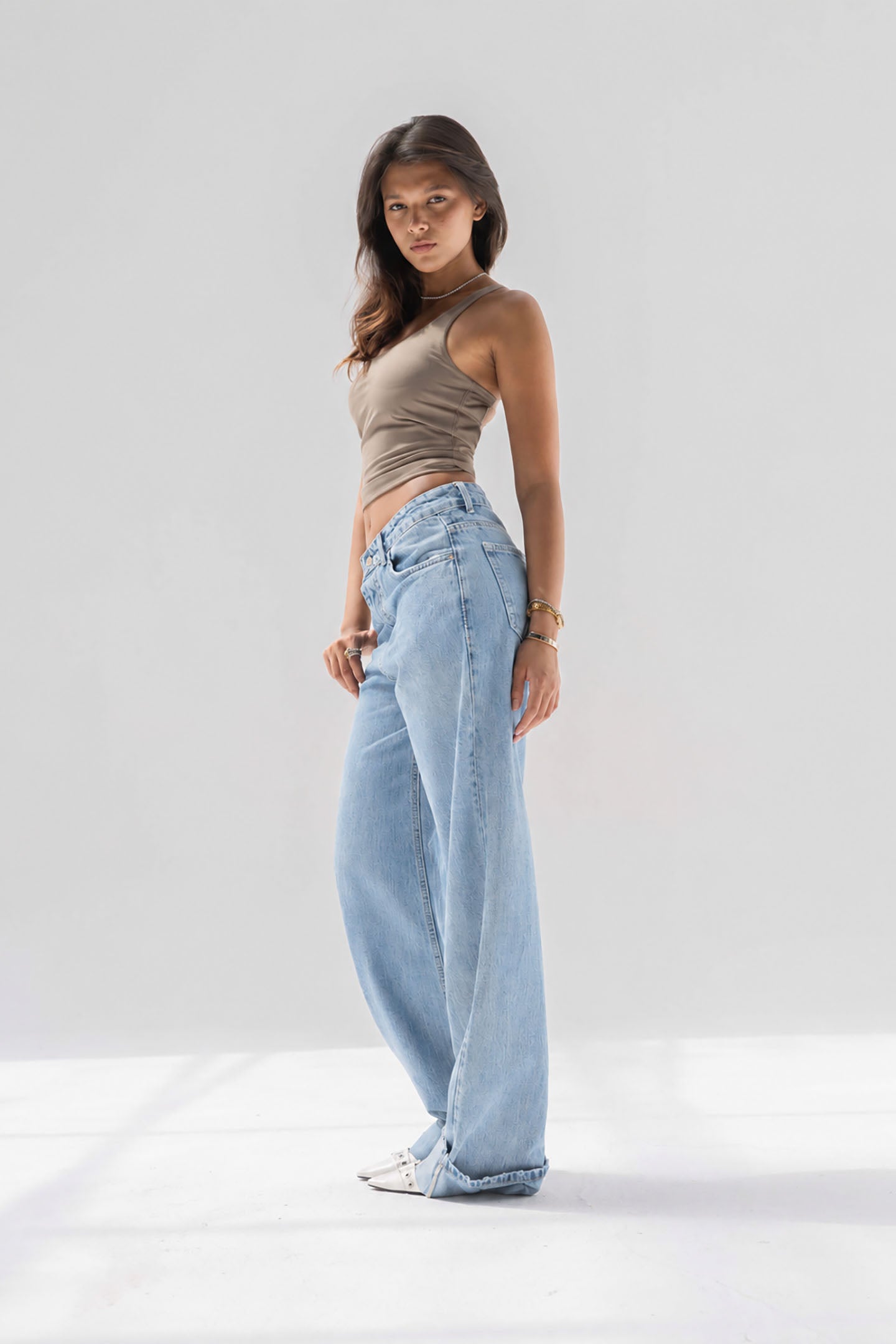 Light Blue Wide-Leg Denim with Folded Cuff Detail