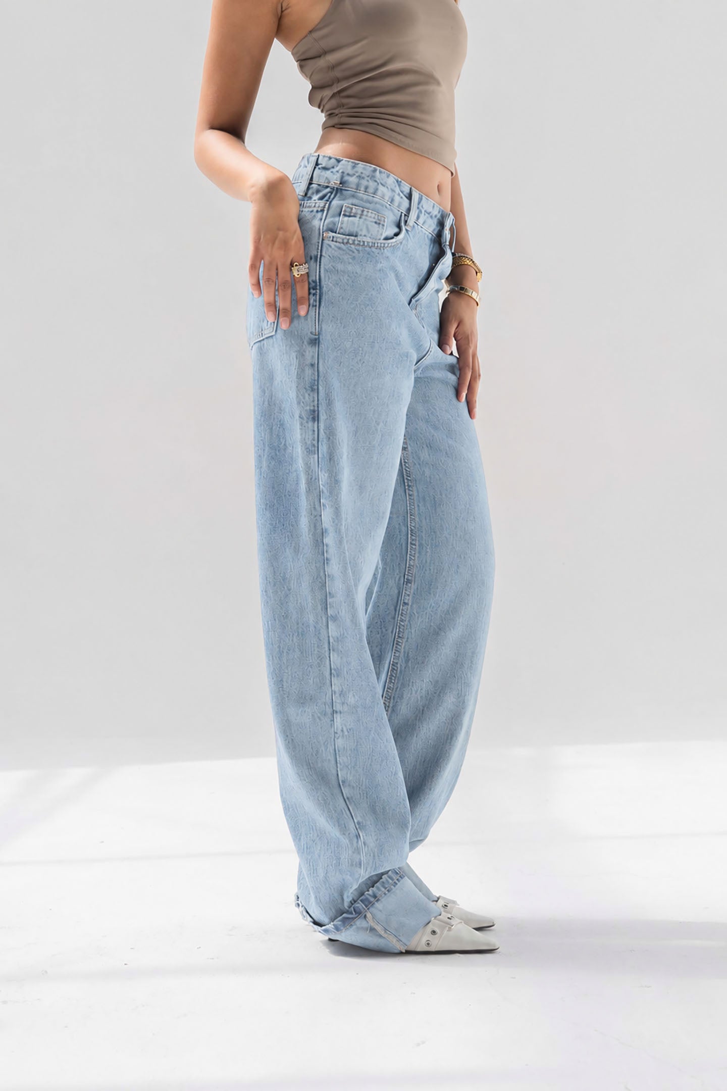 Light Blue Wide-Leg Denim with Folded Cuff Detail