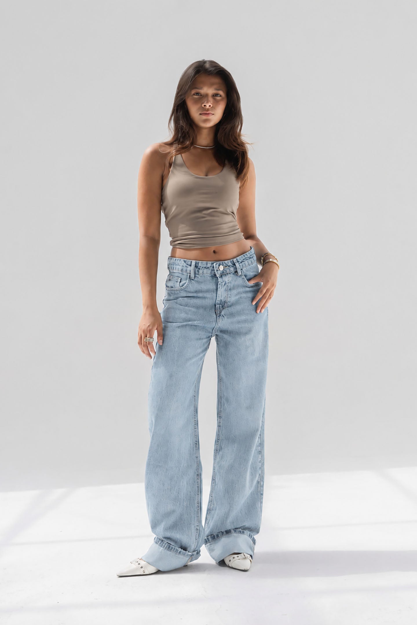 Light Blue Wide-Leg Denim with Folded Cuff Detail