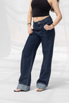 Navy Wide-Leg Denim with Folded Cuff Detail