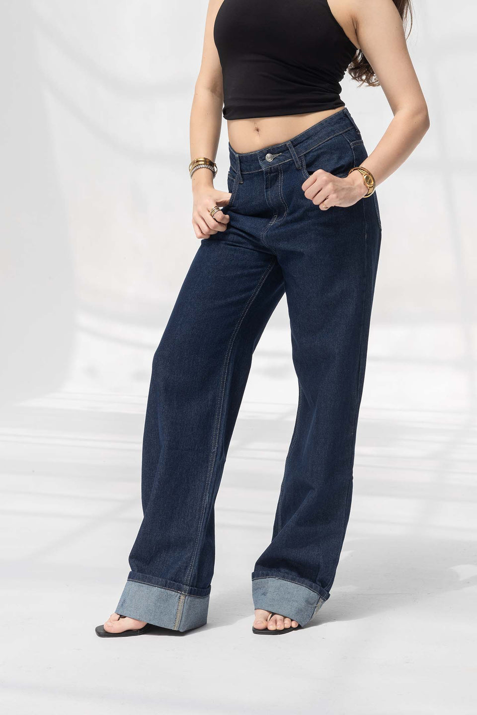 Navy Wide-Leg Denim with Folded Cuff Detail