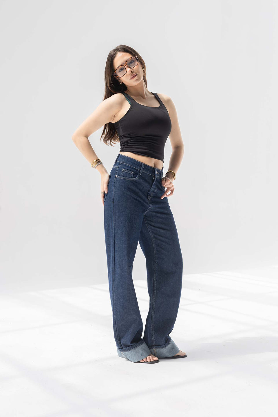 Navy Wide-Leg Denim with Folded Cuff Detail