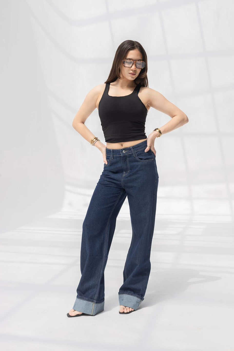Navy Wide-Leg Denim with Folded Cuff Detail
