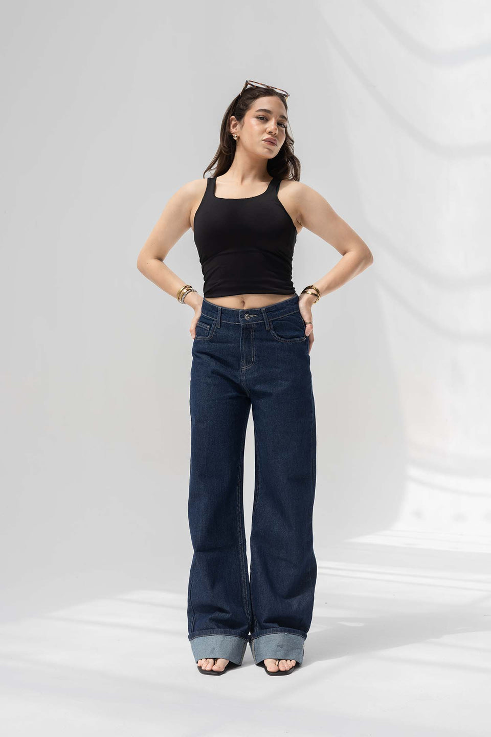 Navy Wide-Leg Denim with Folded Cuff Detail