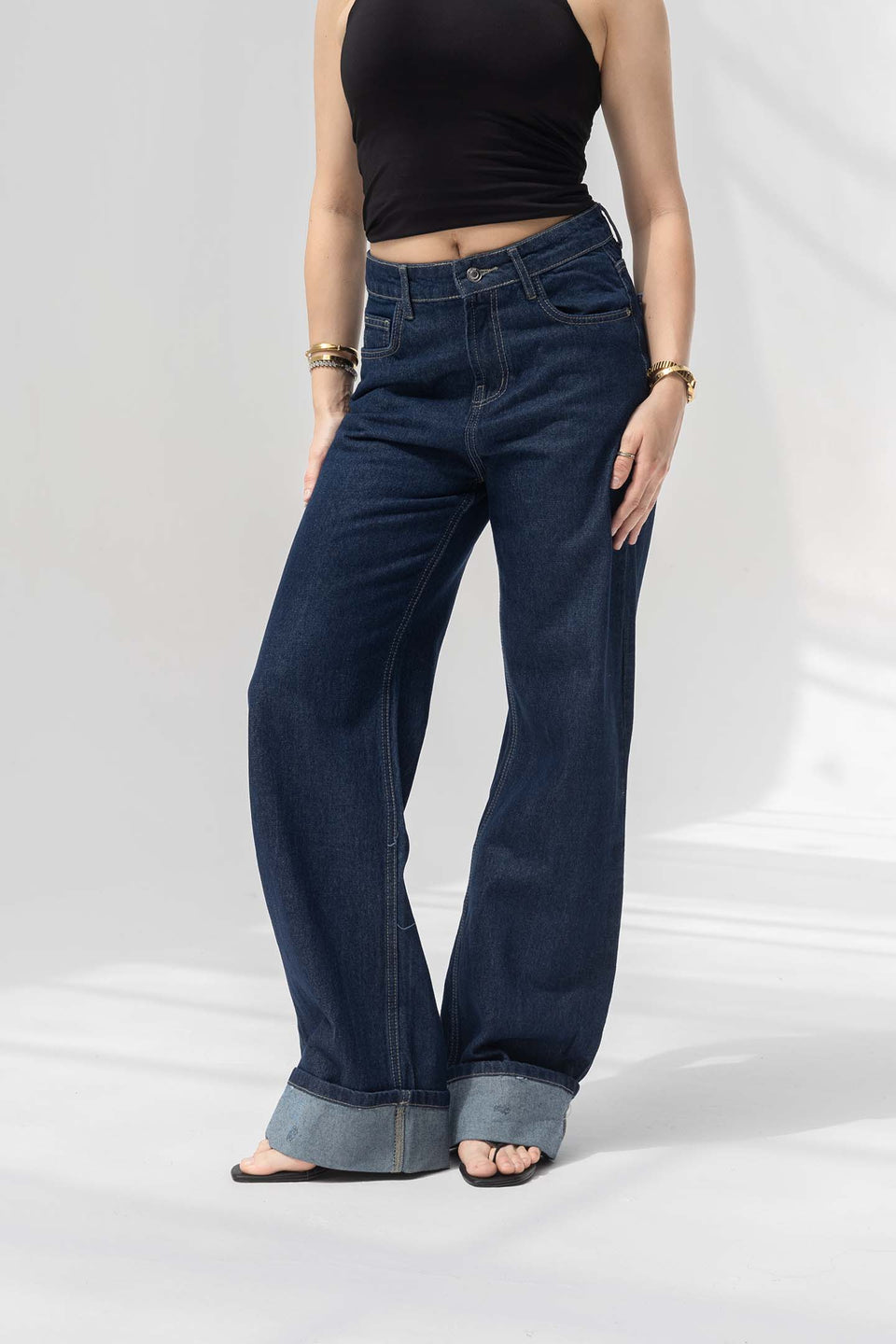 Navy Wide-Leg Denim with Folded Cuff Detail