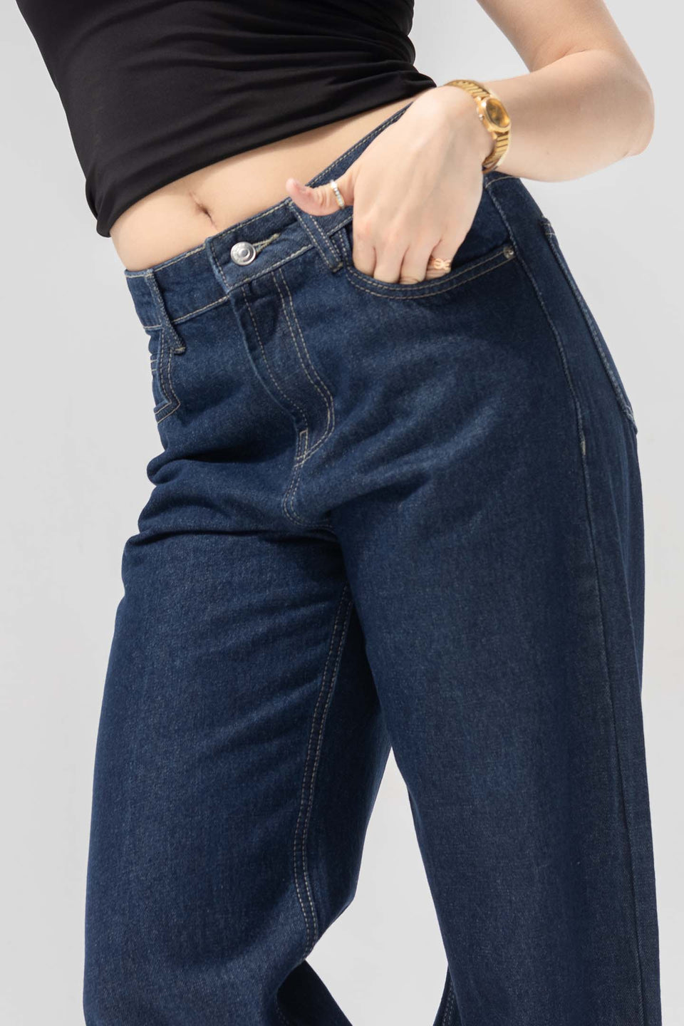 Navy Wide-Leg Denim with Folded Cuff Detail