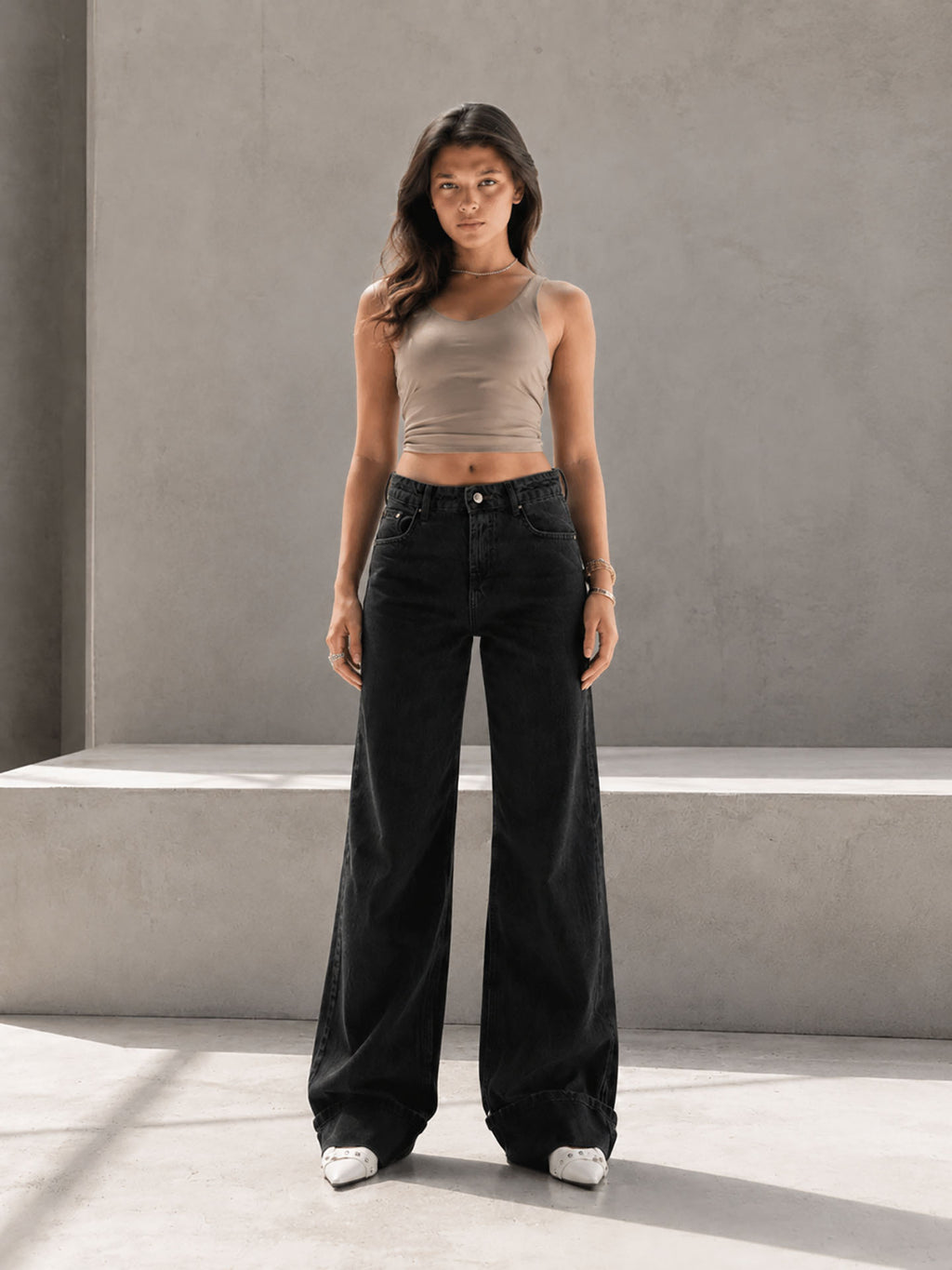 Black Wide-Leg Denim with Folded Cuff Detail