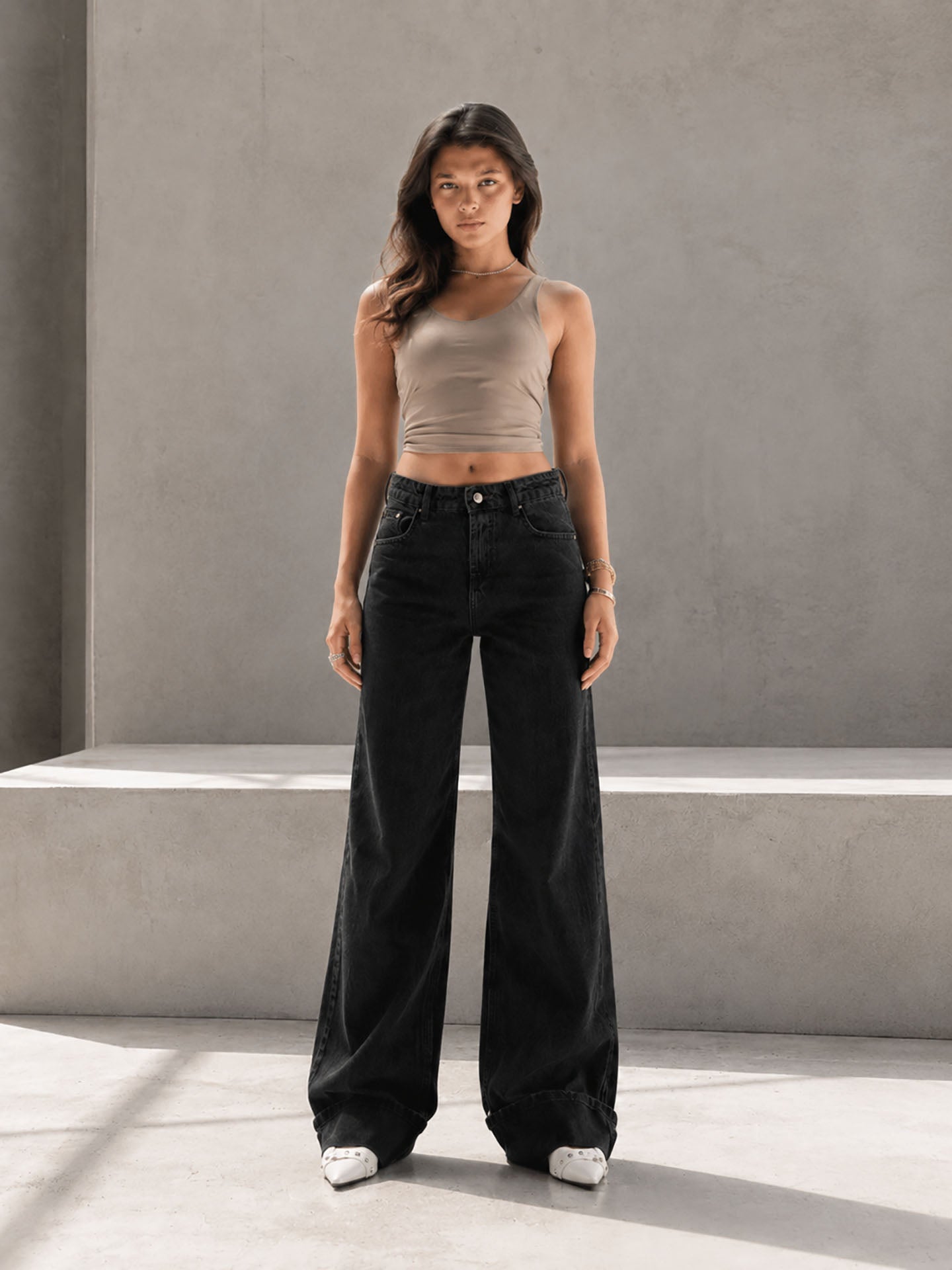 Black Wide-Leg Denim with Folded Cuff Detail