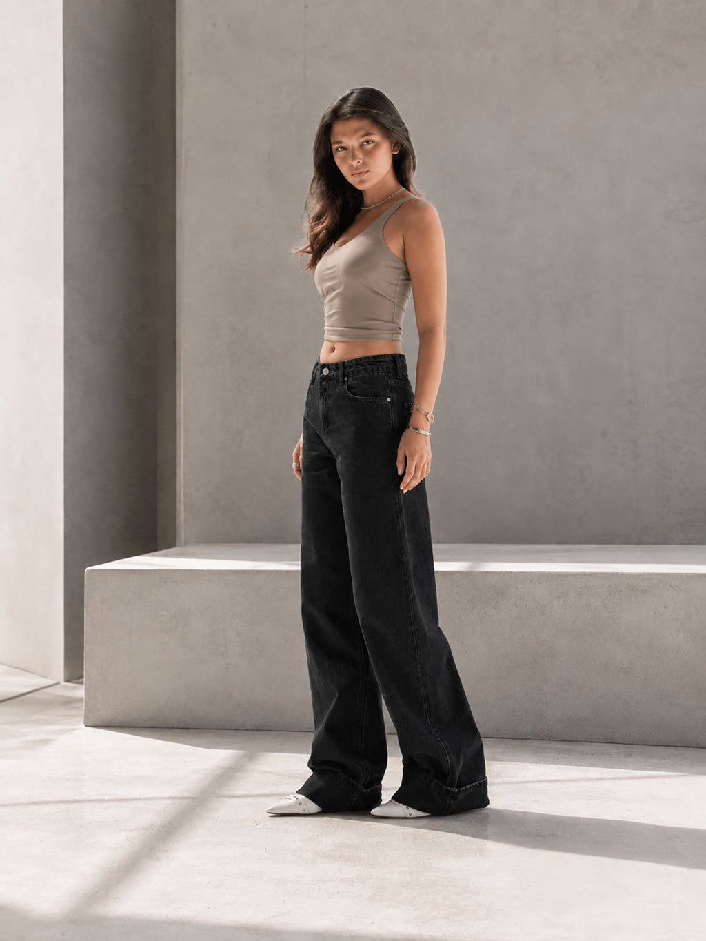 Black Wide-Leg Denim with Folded Cuff Detail